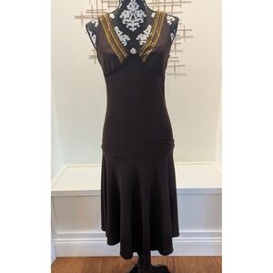 Y2K Ruby‎ Rox Brown Gold Stud V Neck Flared Hem Drop Waist Midi Dress Sleeveless